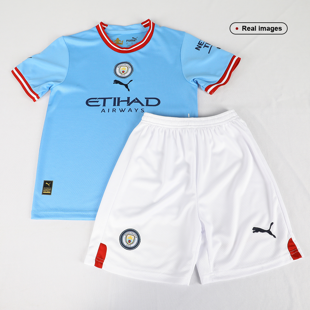 Kids Manchester City Home Football Jersey And Shorts 22-23